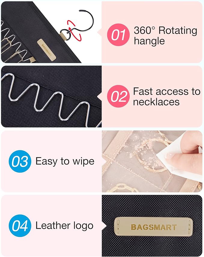 BAGSMART Hanging Jewelry Organizer Necklace/Earring/Ring 2-Sided L Black - Image 4