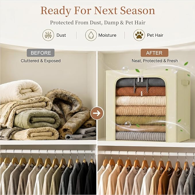 GoMaihe Blanket Storage Bins with Metal Frame for Closet, 55L 4-Pack Beige - Image 6