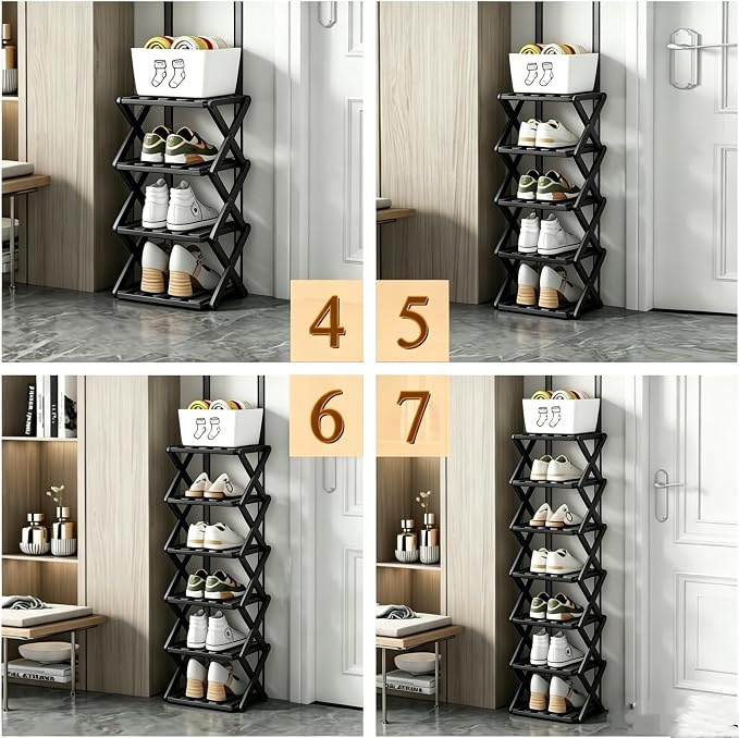 4 Tier Foldable Shoe Rack, Bamboo Vertical Shoe Organizer Tall for Multifunctional Narrow Shoe Shelf for Entryway, Closet, Corner, Bedroom, Hallway(Black) - Image 6