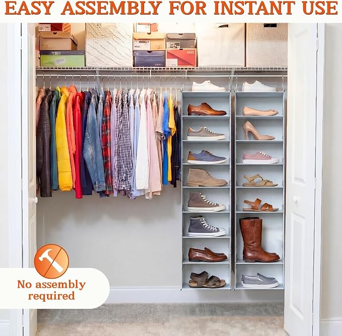Hanging Shoe Organizer for Closet, 8 Tier Extra Wide Closet Shoe Organizer | Adjustable Shelf Height for Boots and Shoes, Heavy Duty Hanging Shoe Rack for Closet Rod, Space-Saving Shoe Storage Organizer - Image 5