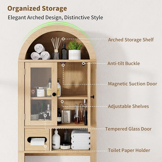 Arched Over the Toilet Storage Cabinet, Tempered Glass Doors, Natural Oak - Image 3
