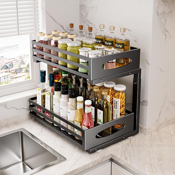 Under Sink Organizer, 2 Tier Under Sink Organizers and Storage, Adjustable Height, Slide out Metal Cabinet Organizers, Pull out Cabinet Storage Drawer Shelf for Kitchen Bathroom (Black, 1 Pack) - Image 7
