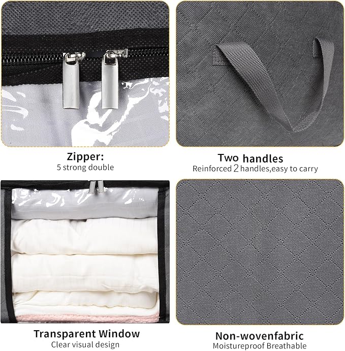 BiCINE 8 Pack Clothes Storage Bags with Zipper, 45L Foldable Blanket Storage Bag with Clear Window Sturdy Handles for Closet, Dorm, Pillows, Bedding, Sheet, Comforter, Gray - Image 3