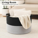 Foldable Laundry Hamper Basket with Collapsible Handle Cotton Rope Soft Woven Fabric Storage Organizer Clothes Toys Nursery Bedroom Dorm Space Saving Bin (Black & Grey, 115L(23.6"D x 15.7"H)) - Image 2