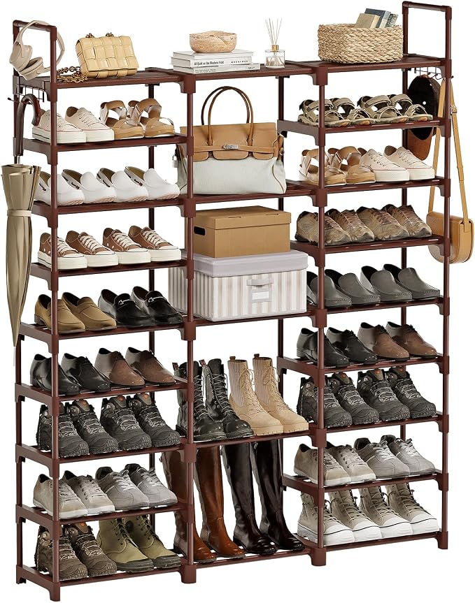 WOWLIVE 9 Tier 3-Column Shoe Rack, 50-55 Pairs Stackable Brown by WOWLIVE