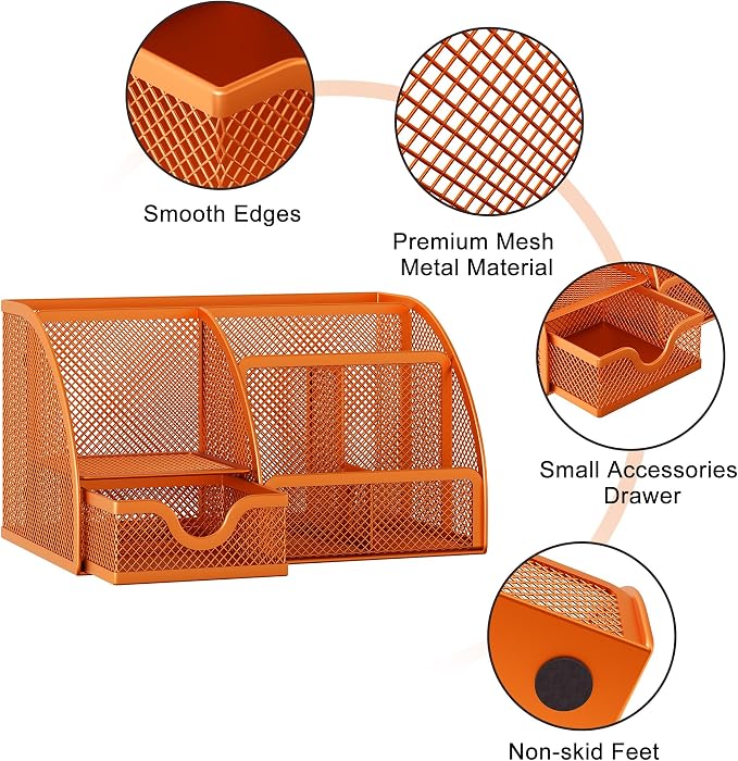 EasyPAG Mesh Desk Organizer with Drawer Multi-functional Pen Holder Stationery Organizer for Office School Supplies 6 Compartments Dorm Organizers and Storage for Desk, Orange - Image 3