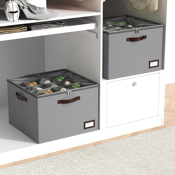 OIAHOMY 2 Pack Shoe Organizer for Closet, Large Foldable Shoe Storage Bins with Dividers and Reinforced Handles, Each Clear Cover Sneaker Box Fits Up to 16 Pairs for Entryway and Bedroom, Grey - Image 8
