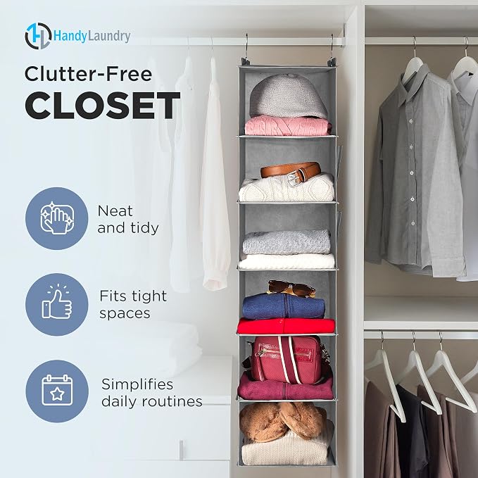 Handy Laundry Hanging Closet Organizer - 6 Shelf Storage for Clothes, Sweaters, Shoes & Accessories - Space-Saving Wardrobe Shelves with Hooks for Dorm, RV & Small Closet Organization (Grey) - Image 3