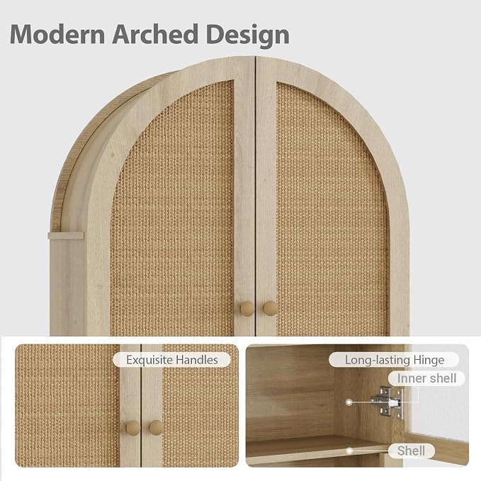 Over The Toilet Storage Cabinet, 23.7”W Modern Storage Cabinet Over Toilet with Rattan Doors, Arched Freestanding Over Toilet Rack with Adjustable Shelf for Bathroom, Nature - Image 5