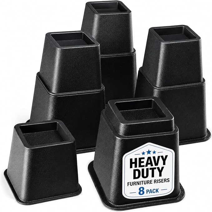 Home It Adjustable Bed Risers - Elevation in 3, 5 or 8 Inch - Heavy Duty Stackable Furniture Risers Supports 1,300 lbs - for Under-Bed Storage, College Dorms, Table and Couch, 4 Pack Bed Lifts Black by HOMEIT