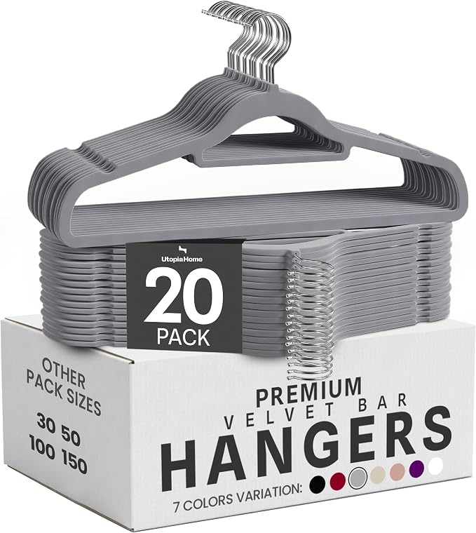 Utopia Home Velvet Hangers 20 Pack – Premium Hangers with Tie Bar - Grey by UTOPIAHOME
