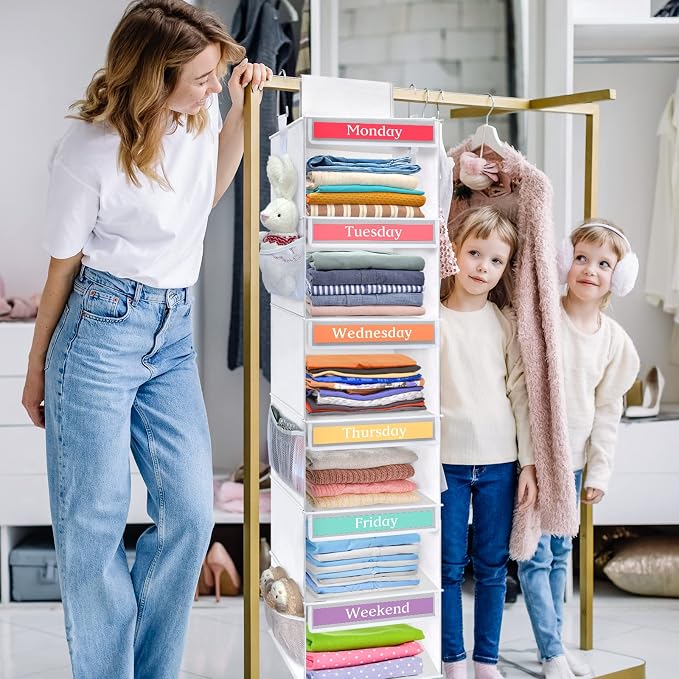 Fixwal Weekly Kids Clothes Organizer 6-Shelf Hanging Closet Storage White | Nonwoven Fabric, 6 Daily Shelves, 6 Mesh Side Pockets, 2 Metal Hooks, Foldable Design, for Kids Outfits and Accessories - Image 2