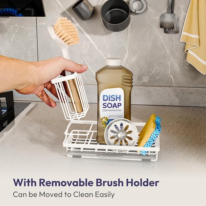 SWTYMIKI Sink Caddy Sponge Holder - Kitchen Sink Organizer with High Brush Holder for Countertop to Hold Dish Soaps and Sponges, Stainless Steel, White - Image 4