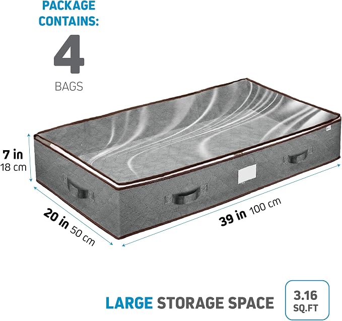 ZOBER Under Bed Storage Bags, Underbed Storage Containers, Gray, 90L 4-Pack | Non-woven fabric, foldable, clear top, dual zippers, reinforced handles, under bed storage containers for clothes, blankets - Image 2