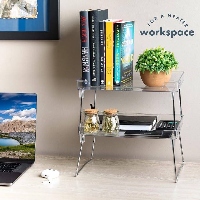 Masirs Clear Stackable Shelf, Easily Organize Your Kitchen Counter and Cabinet Shelves While Creating Extra Storage Space with This Foldable Translucent Plastic Shelf, (2-Pack) - Image 7