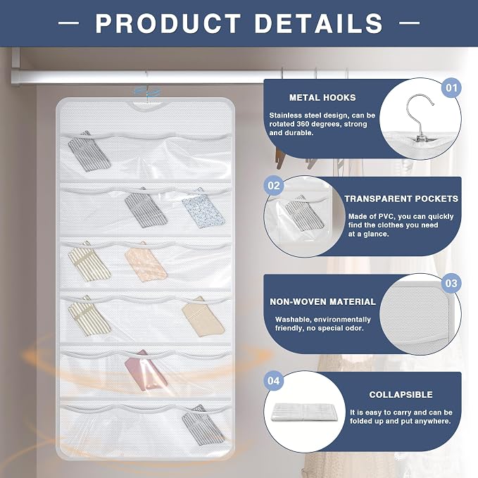 26-Pocket Hanging Closet Organizer for Socks and Underwear, White - Image 4
