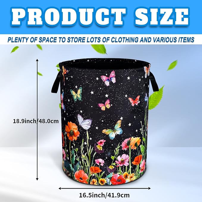 Colorful Butterflies Flowers Laundry Basket Oxford Cloth 18.9 x 16.5 Inch - Image 2