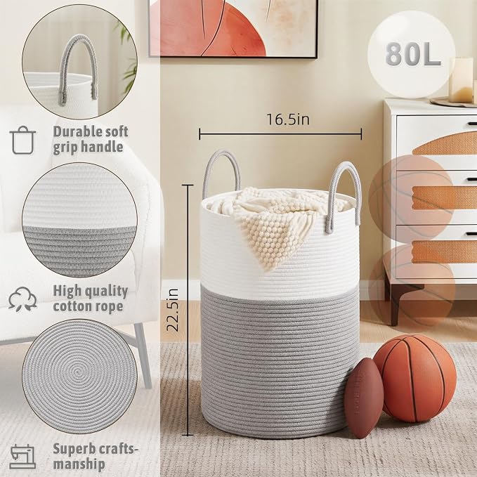 Artfeel Laundry Basket,Woven Cotton Rope Laundry Hamper,80L for Decorative Storage of Dirty Clothes,Toys and Blankets in Bathroom,Baby Room and Living Room - Image 6
