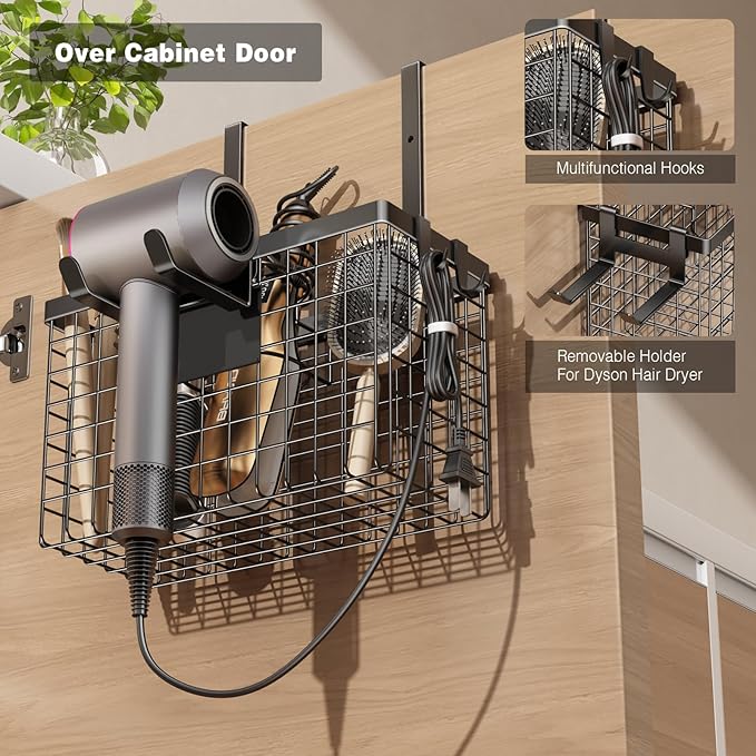Voldra Hair Dryer Holder Cabinet Door, Adhesive Hair Tool Organizer Wall Mount Adjustable Height Blow Dryer Holder Under Sink/Countertop for Flat Curling Iron, Hair Brush and Straightener (1, Black) - Image 5