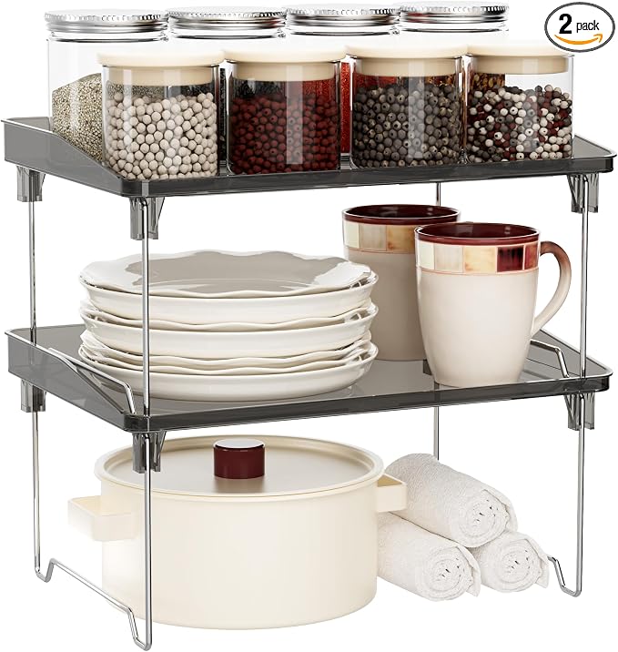 STARLATTA 2 Pcs Cabinet Organizer Shelf，Stackable Kitchen Counter Shelves, Spice Rack,Countertop Organizers，Black Plastic Storage Shelves Rack for Makeup，Bathroom, Cupboard，Desk，Pantry Organization by STARLATTA