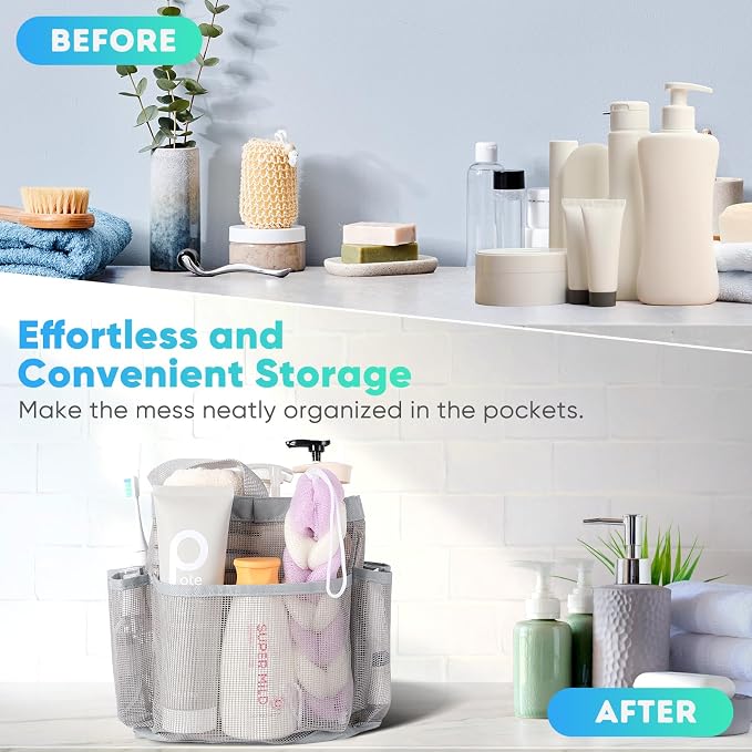 EUDELE 2 Pack Mesh Shower Caddy Portable for College Dorm Room Essentials, Shower Caddy Dorm with 9-Pocket Large Capacity,Shower Bag for Beach,Swimming,Gym All Black+All Grey - Image 8