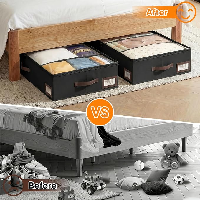 OIAHOMY 2 Pack 38L Under Bed Storage with Adjustable Dividers, 6" Low Profile Underbed Storage Bins for Comforters & Clothes, Save Closet Space with Clear View Lid & Reinforced Handles, Black - Image 5
