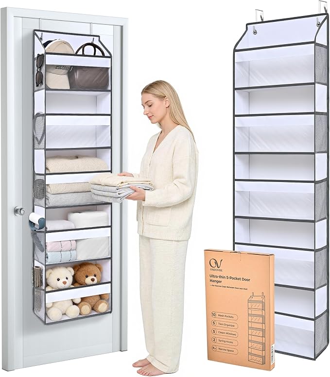 5 Tiers Ultra-thin Over Door Organizer with 10 Mesh Side Pockets, 44 lbs Weight Capacity Hanging Storage Organizer with Clear Window Kids Toys, Shoes, Diapers, White & Grey by ORDOVIBE