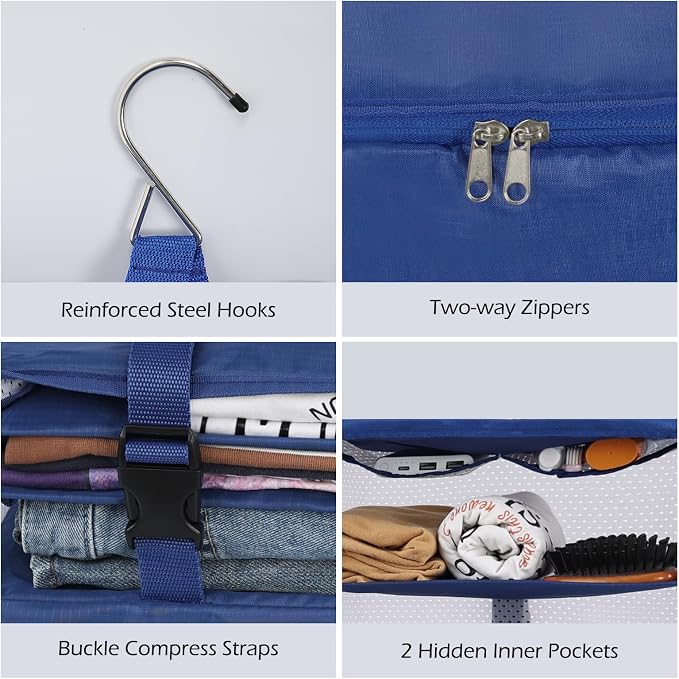 Surblue Hanging Closet Storage Bag Collapsible 3-Shelf Washable Oxford Fabric with 2 Hooks (XL 17.71 * 11.81 * 20in, Blue) - Image 6