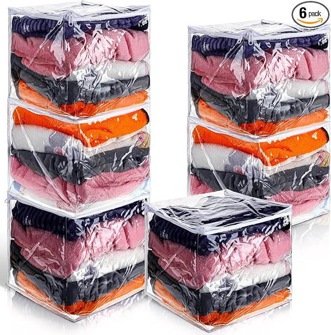 Shappy 6 Packs Clear Plastic Storage Bags with Zipper, 12 x 12 x 12 Inch | Sweater Bags, Moth Proof Protection, Vinyl, For Blankets Clothes Bed Sheet Comforters Pillows Quilt Closet Linen Organizer by Shappy