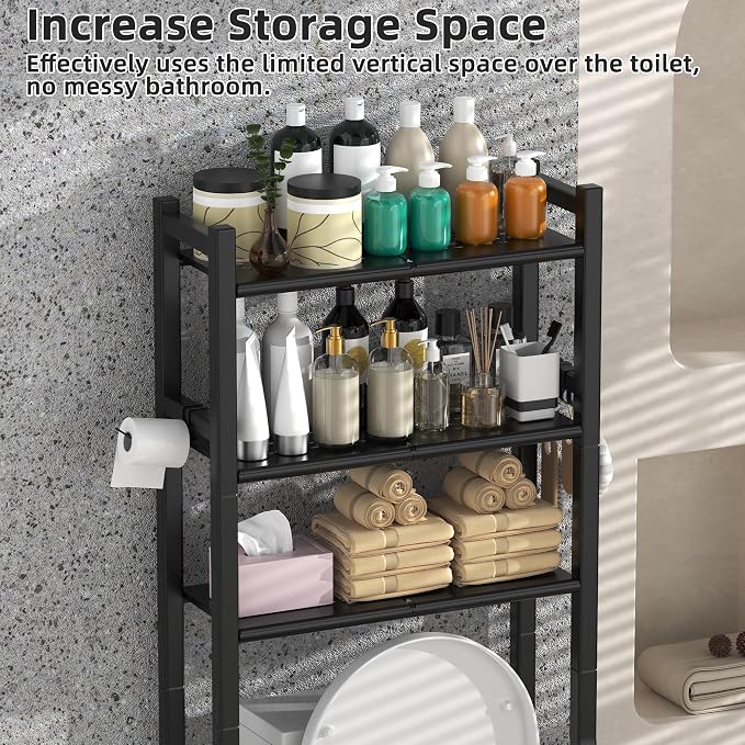 Livilord 3 Tier Over The Toilet Storage Rack with Toilet Paper Holder, Metal Freestanding Bathroom Shelves with 4 Hooks, Over Toilet Storage Shelf for Bathroom Storage, Black - Image 7