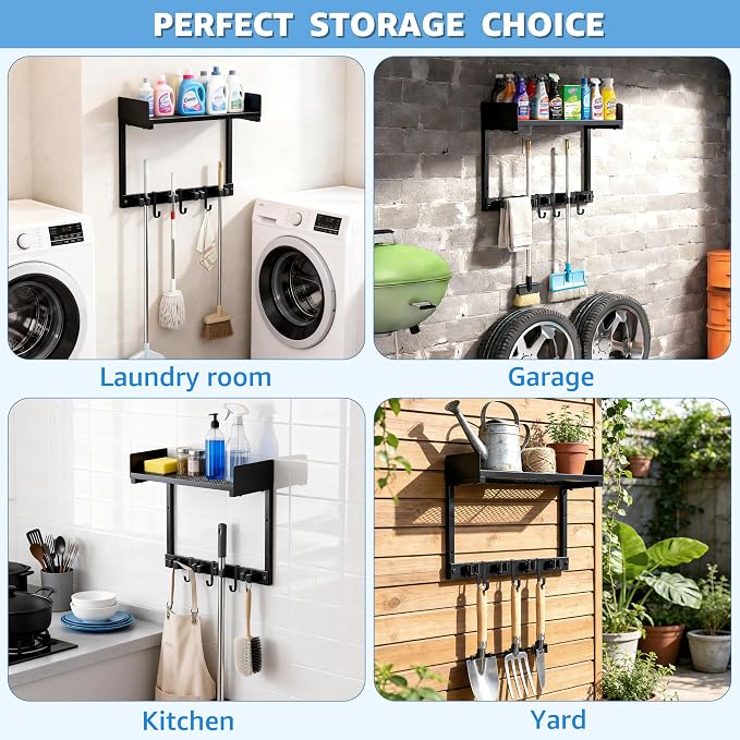 HUFAND 15" Wall Mounted Broom Holder and Mop Organizer with Shelf and Hook - Image 6