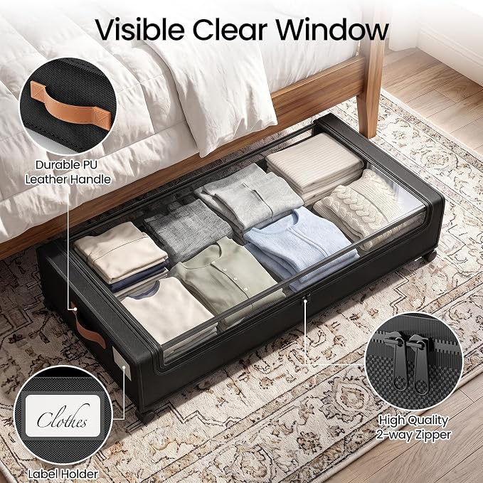 Yecaye 70L Large Under Bed Storage Containers with Wheels, 2 Pack, Black | Larger Capacity, 360° Rolling Wheels, Clear Window & Label, Sturdy Fabric, Rolling Metal Drawers for Clothes, Shoes, Blankets - Image 4