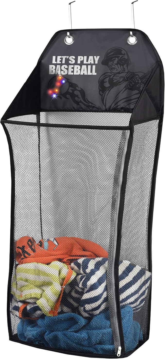 Store & Score Over The Door Hanging Kids Fun LED Baseball Light-Up Collapsible Mesh Laundry Hamper Basket, Toy Chest, Heavy Duty Metal Hooks Included. Patent Pending by Unknown