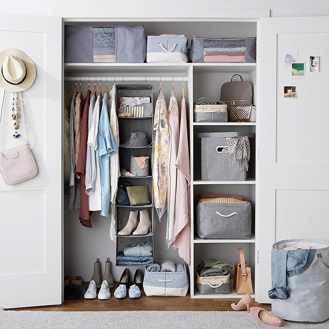 Amazon Basics 6-Tier Hanging Closet Shelf Organizer with Pockets, Clothes Storage for Sweaters and Clothing, 12" W x 9" L x 8.5" H, Grey | Organizer - Image 2