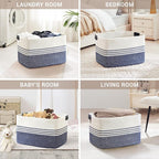 100L Woven Laundry Basket Hamper with Leather Handles,Denim Blue - Image 4