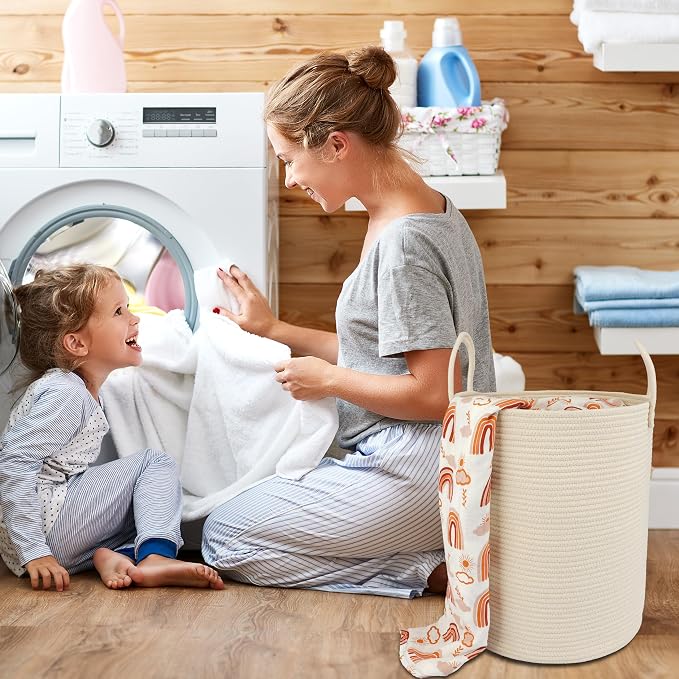 XUANGUO Cotton Rope Laundry Basket Hamper for Clothes, beige - Image 4