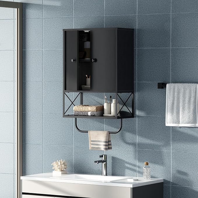 MAHANCRIS Bathroom Wall Cabinet with 2 Door and Adjustable Shelf, Farmhouse Medicine Cabinet with Towel Rack, 3-Tier Wall Mounted Storage Cabinet Over The Toilet for Bathroom Laundry Room, Black - Image 6