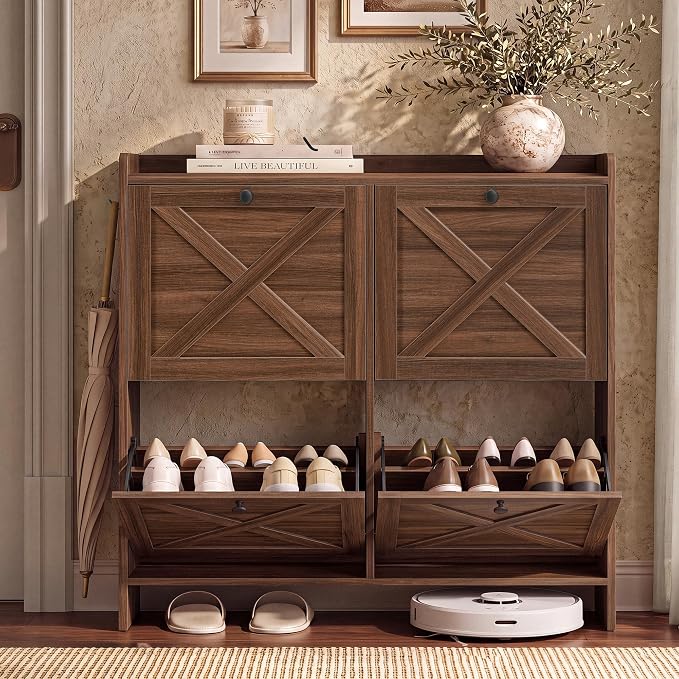 VASAGLE Narrow Shoe Storage Cabinet Organizer with 4 Flip Drawers | Freestanding Shoe Rack, Fits 16 to 24 Pairs, for Entryway, Farmhouse Style, Chestnut Brown, HANIS Collection UHSC403KX01S by VASAGLEbySONGMICSHOME