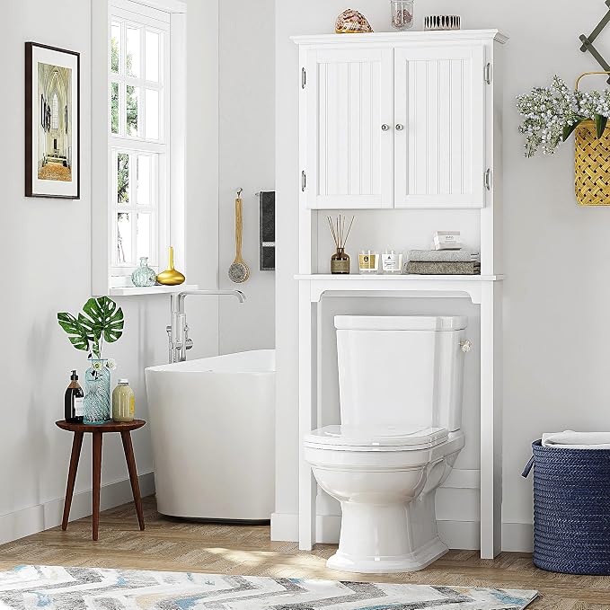 UTEX Over The Toilet Storage Cabinet, White Bathroom Organizer with Doors - Image 3
