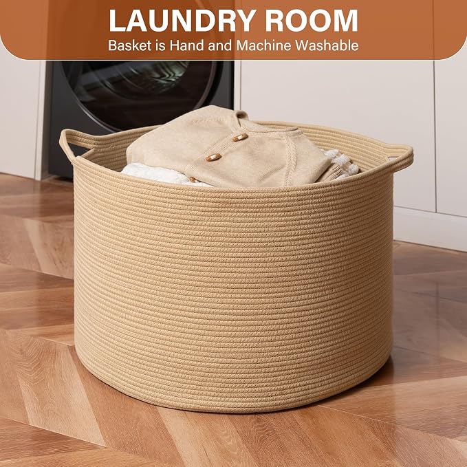 Foldable Laundry Hamper Basket with Collapsible Handle Cotton Rope Soft Woven Fabric Storage Organizer Clothes Toys Nursery Bedroom Dorm Space Saving Bin (Camel, 65L(19.7"D x 12.6"H)) - Image 2