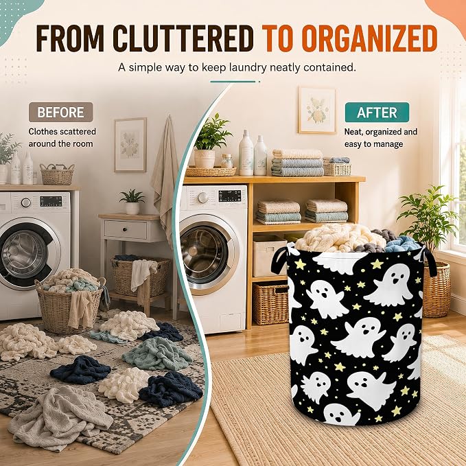 Ghosts Laundry Basket with Handles,Halloween Foldable Oxford Laundry Hamper,Collapsible Clothes Storage Basket for Laundry Room/Bathroom/Bedroom/Dormitories 20.8 x 16 Inches - Image 4