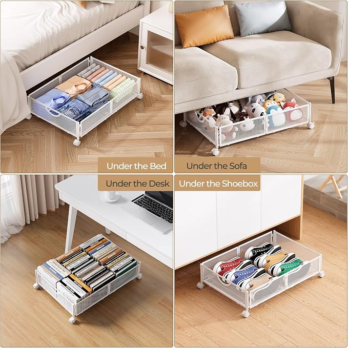 Yecaye Under Bed Storage with Wheels, 2 Pack Under Bed Shoe Storage, White | Sturdy All-Metal Frame, Foldable, 360° Rolling Wheels, Tool-free Assembly, Underbed Storage Drawers for Shoes, Toys, Clothes - Image 6