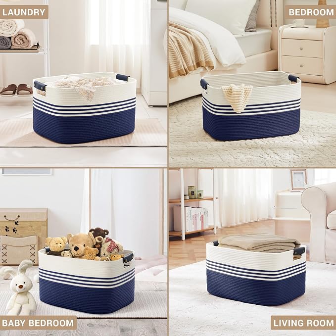 72L Large Woven Laundry Basket Hamper with Leather Handles,Navy - Image 4