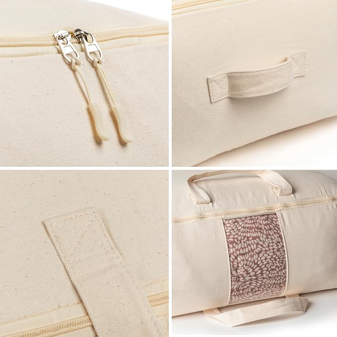 Soft Canvas Storage Bags with Zipper. Thick Breathable, 1pc King/Queen Comforter Organizer. Four Carrying Handles and Window. Large 25x19x9in Bag for Sheets Blankets Bedding Pillows, Clothes - Image 4