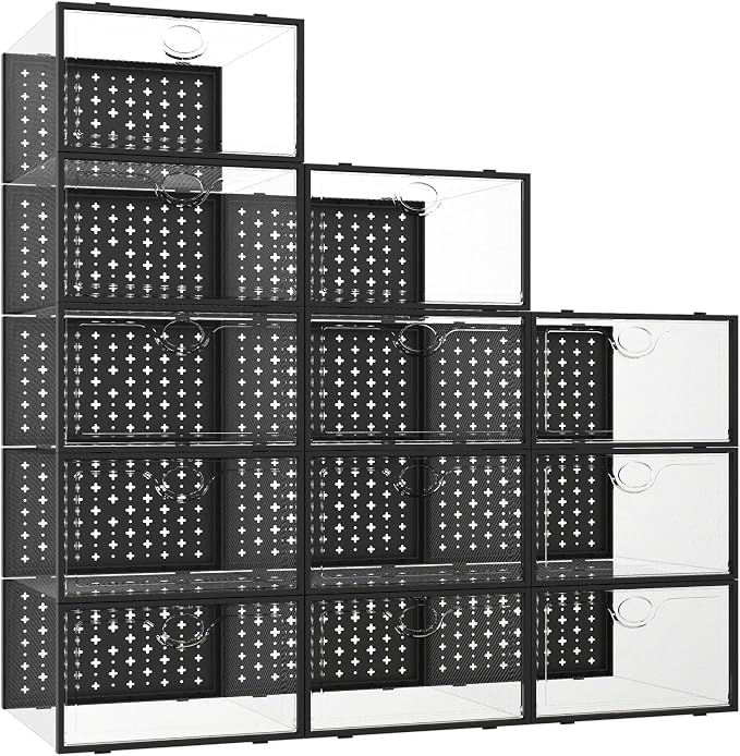 Pinkpum 12 Pack X-Large Shoe Storage Boxes, Shoe Organizer Clear Stackable | Fit US Size 11, 6.2” Height, Shoe Dispaly Case Holder Bins Sneaker Storage for Sneakerheads, For Home and Family, Black by Pinkpum