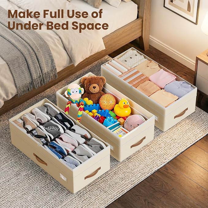 Budding Joy 80L 2 Pack Adjustable Under Bed Storage with Wheels, Beige | Underbed containers with clear lids, rolling underbed shoe storage organizer for dorm clothes, blankets, easy to install - Image 6