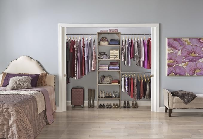 ClosetMaid SuiteSymphony Wood Closet Organizer Starter Kit with Tower and 3 Hang Rods, Shelves, Adjustable, Fits Spaces 5 – 10 ft. Wide, Natural Gray - Image 12