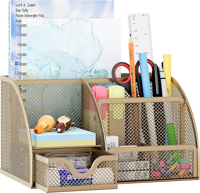 EasyPAG Mesh Desk Organizer with Drawer Multi-functional Pen Holder Stationery Organizer for Office School Supplies 6 Compartments Dorm Organizers and Storage for Desk, Gold by EasyPAG