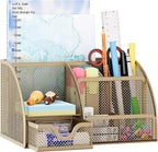 EasyPAG Mesh Desk Organizer with Drawer Multi-functional Pen Holder Stationery Organizer for Office School Supplies 6 Compartments Dorm Organizers and Storage for Desk, Gold by EasyPAG