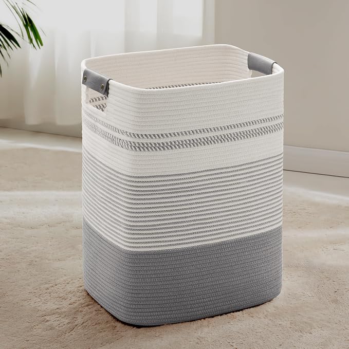 85L Tall Woven Laundry Basket Hamper with Leather Handles,Grey by SunNewt